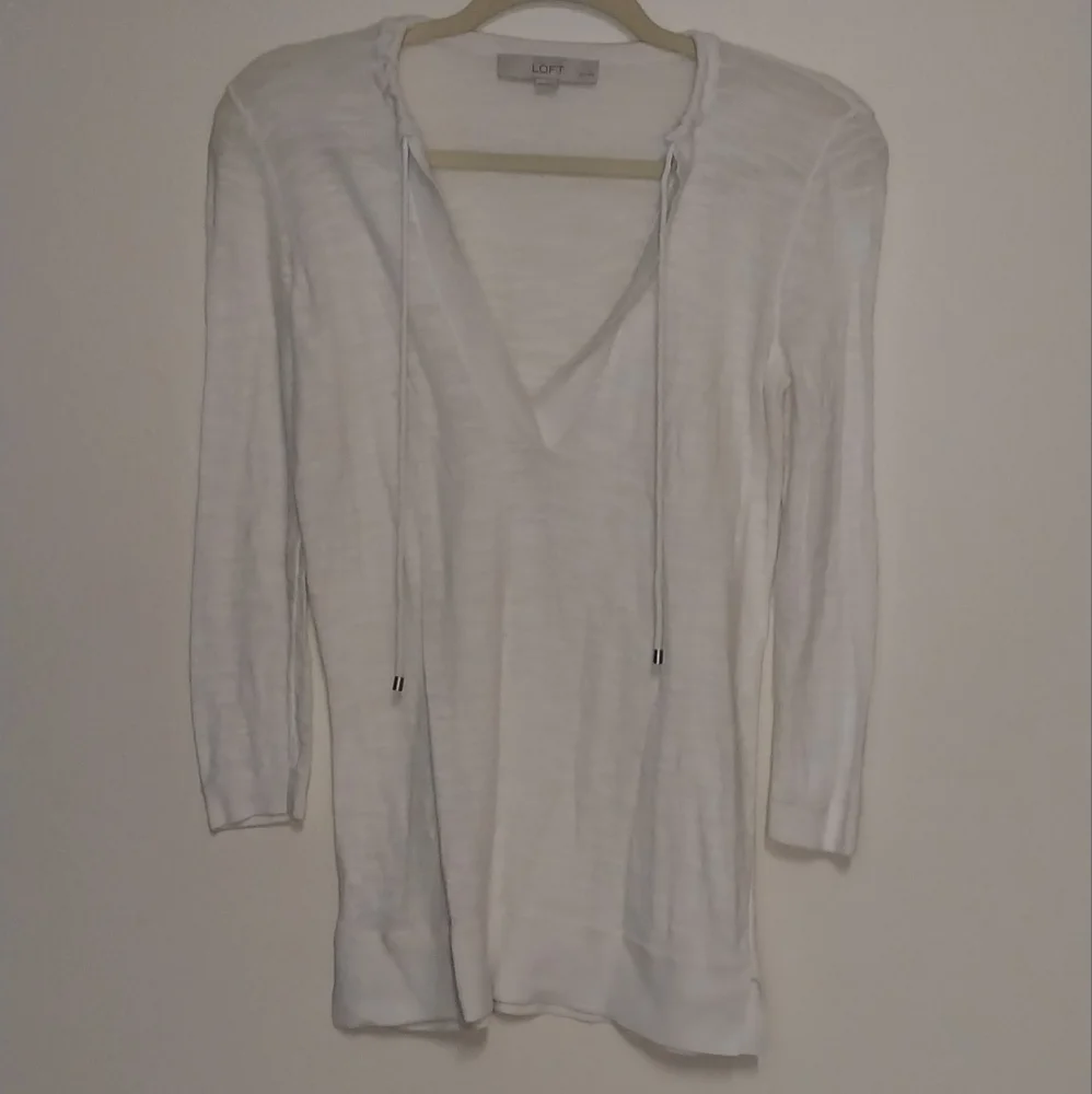 LOFT 100% cotton ivory white long sleeve drawstring lightweight sweater